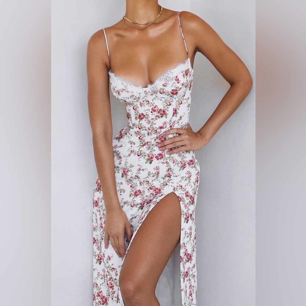 House of CB Corset Floral Lace Trim Midi Sundress S Plus Cup - Rose Print - Picture 2 of 6